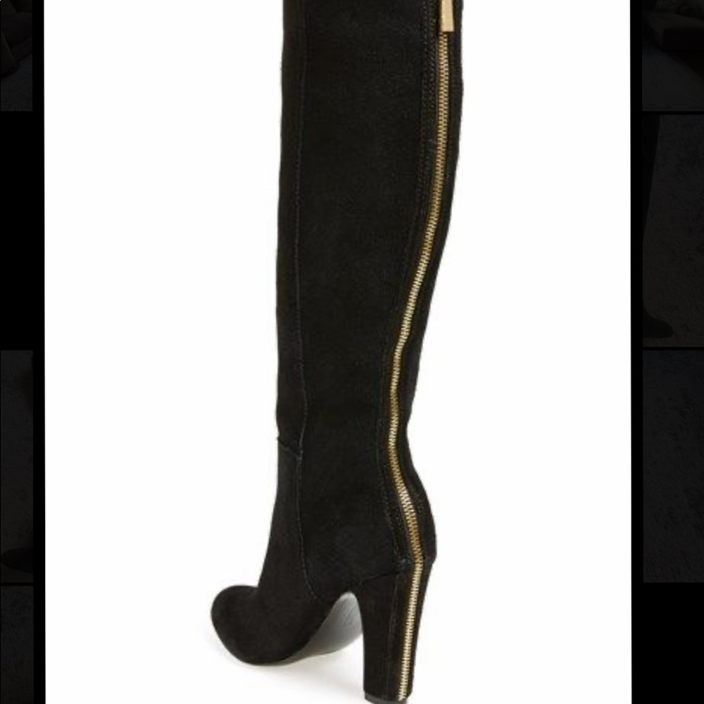 Vince Camuto Carleen Knee High Boots in Black Suede with Gold Zipper